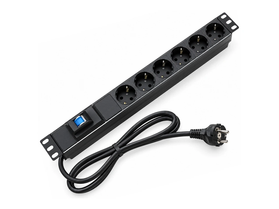 6-Outlet Schuko Rack PDU · Circuit Breaker — AI-generated concept rendering
