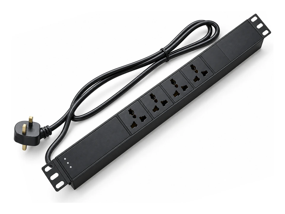 4-Outlet Universal Rack PDU · Surge Protection — AI-generated concept rendering
