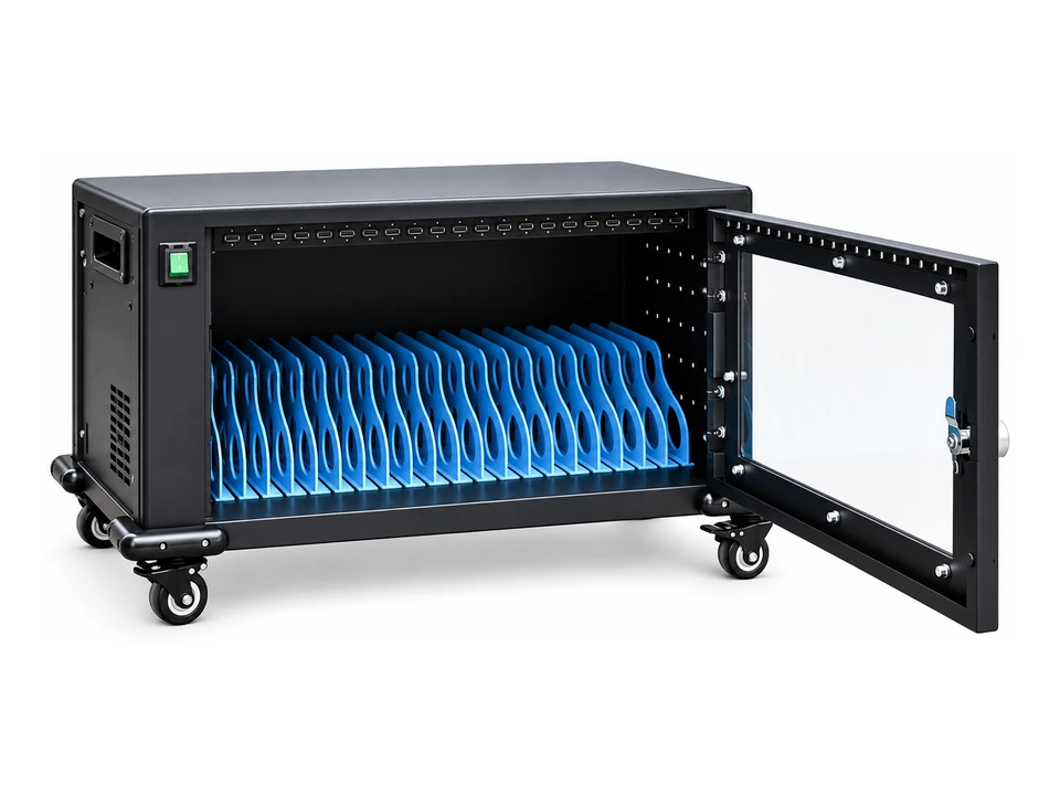 20-Device Charging Cart · Glass Door — AI-generated concept rendering