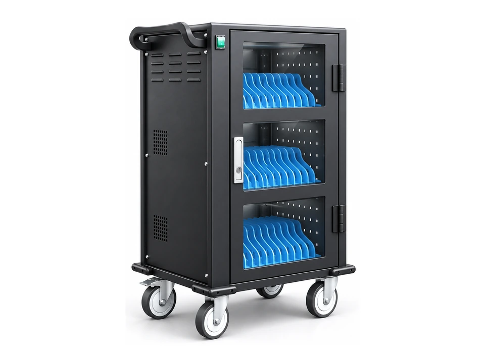 48-Device Charging Cart · Glass Door — AI-generated concept rendering
